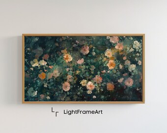 Flower Painting Frame TV Art, Antique Dark Green Peach Wildflower Screensaver, Organic Floral Vintage Botanical Summer Decor, Art for TV