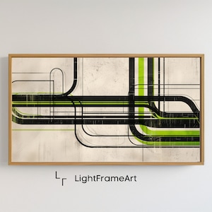 Puede incluir: Impresión de arte geométrico abstracto con líneas negras y verdes sobre un fondo blanco. La impresión está enmarcada en un marco de madera claro.
