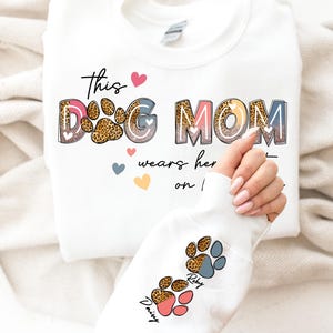 Custom Dog Mom Sweatshirt, Leopard Dog Mom Sweatshirt, Mama With Kids Name on Sleeve Shirt, Dog Mom Hoodie, Gift for Dog Mama