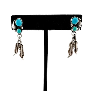 Vintage Navajo Turquoise and Sterling Silver Feather Earrings Signed by Artist Richard Begay