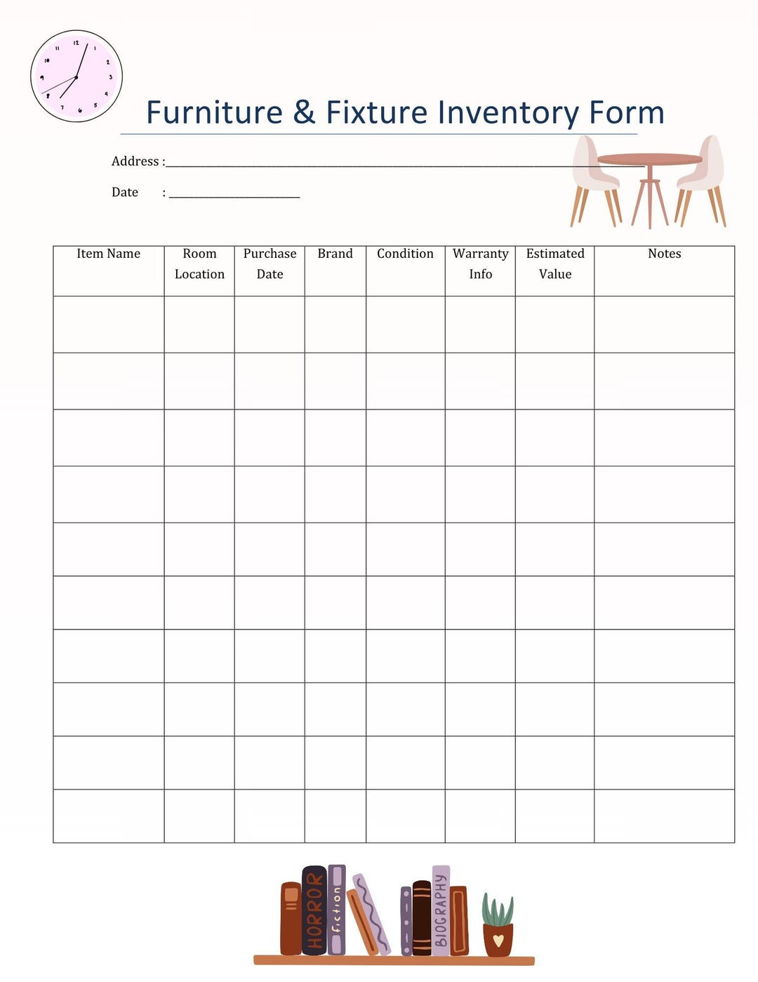 Furniture & Fixture Inventory Form - Download and Print - Etsy