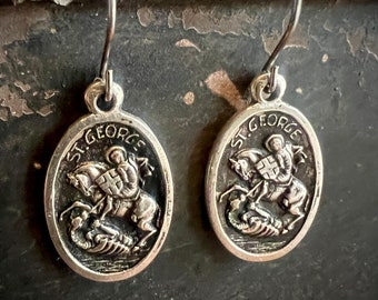 Slay Saint Slay  :  Iconic Saint George Slaying The Dragon on his Horse Earrings on a Symbolic Medieval Heroes Journey Icon Hero Sword