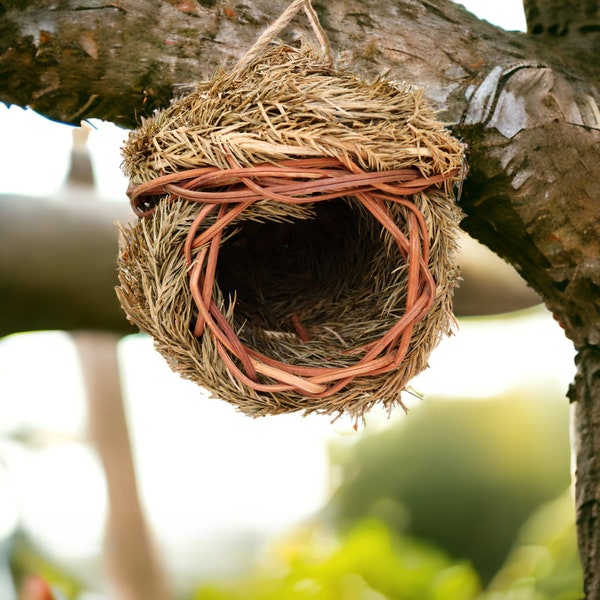 Cabane d'oiseau tissée suspendue, Nid d'oiseau en paille naturelle fait main, Décoration de jardin d'extérieur, Cabane d'oiseau rustique, Art de jardin respectueux de l'environnement