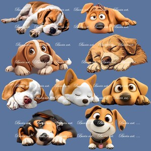 Lindos perros durmiendo, sublimación PNG, descarga digital, comercial, pegatinas, diseño de logotipo de tienda de mascotas, dibujos animados, grupo de perros, camiseta