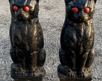 Cast-Iron Halloween Black Cat Scary Glowing Red Eyes Fireplace Andirons