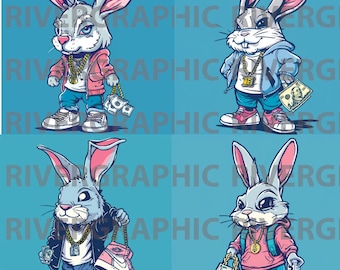 Conjunto gráfico de personajes de conejito de hip hop de 4 vectores/PNG/JPEG de alta calidad