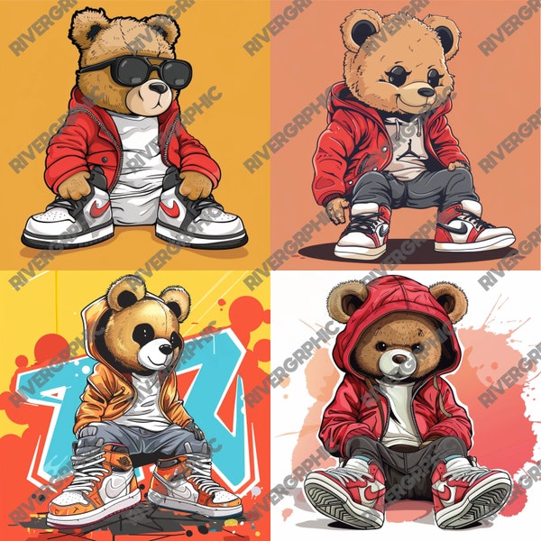 Hiphop teddy bear character graphic set of 4