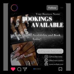 Social Media Business Flyer, Book Now, Bookings Available| Nail Tech| Lash Tech| Hair Stylist