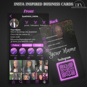 May include: A black and purple business card with a QR code, social media icons, and the text "Your Name" and "Instagram".