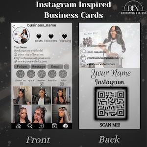 May include: Double-sided business card with an Instagram theme. The front features a profile picture, contact info, and social media icons. The back has a QR code and the text "Scan Me!" in a black and white design.