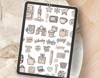 May include: A digital planner sticker set with 56 stickers featuring various illustrations, including a toilet, a shopping cart, a yoga pose, a piggy bank, a laptop, a makeup brush, a bicycle, and a house. The stickers are in a light brown color scheme and are displayed on a tablet screen.