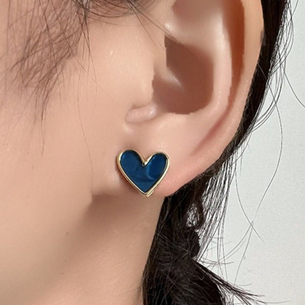 Delicate Blue Ear Clips, Heart Ear Clips, Minimalist Earrings, Women's Earrings, Statement Earrings, Gifts for Girls