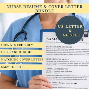 May include: A nurse resume and cover letter bundle. The image shows a person in a blue uniform holding a clipboard with a resume. Text on the image includes "100% ATS Friendly", "1 & 2 Page Resume", and "Matching Cover Letter".