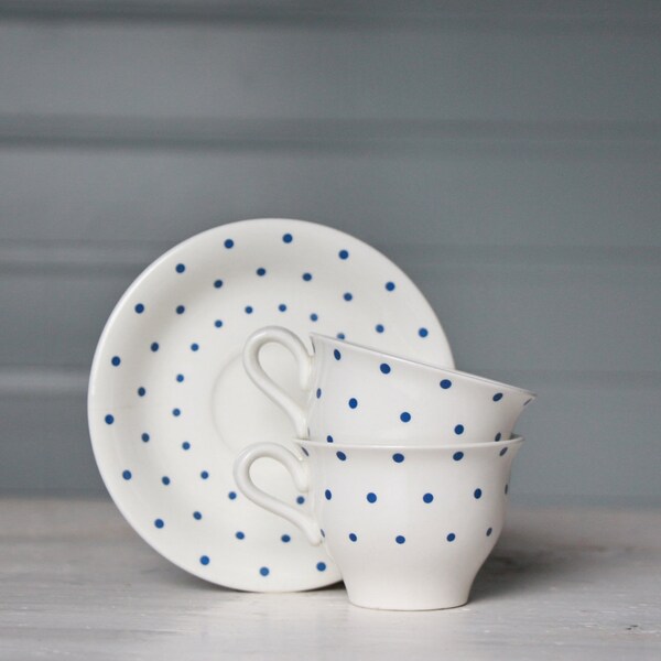 Blue & White Polkadot Tea Cups (set of 2)