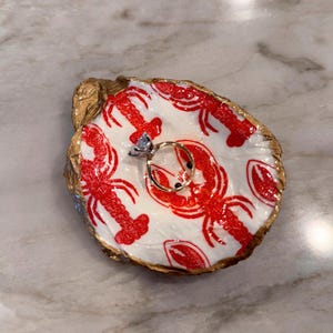 Lobster print oyster shell, trinket dish, ring dish, jewelry dish, home decor, perfect for gifts.