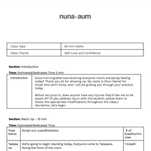 May include: A yoga class outline with the class type, theme, and a section for introduction and warm-up. The introduction section includes a welcome message and instructions for students to inform the instructor of any injuries. The warm-up section includes a pose called Tadasana, which involves standing with feet hip-width apart and arms at the sides.