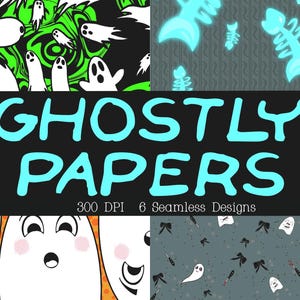 Op de afbeelding: Een verzameling van zes naadloze digitale ontwerpen met een Halloween-thema. De ontwerpen bevatten geesten, vissenskeletten, strikken en andere griezelige elementen. De tekst "Ghostly Papers" is turquoise.