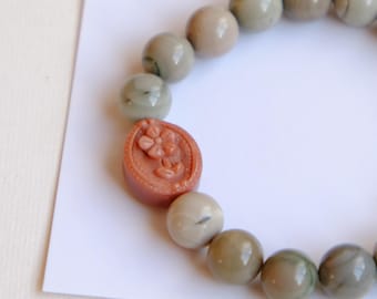 Alashan Agate Bracelet with Carved Flower Plate | Alashan Agate Beads | Stretchable Bracelet | Protection Stone | Hand-Selected and made
