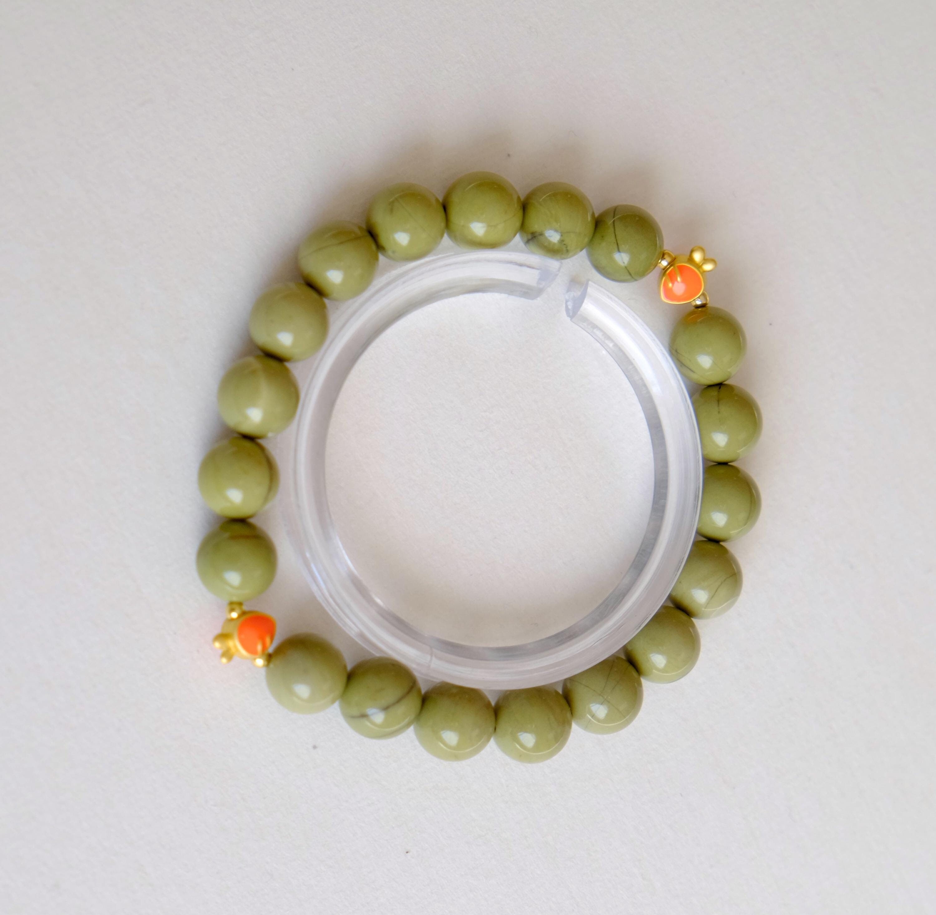 Veggie Patch | Matcha Alashan Agate Bracelet with Gold Plated Carrot Bead | Alashan Bracelet | 10mm Bead | Handmade