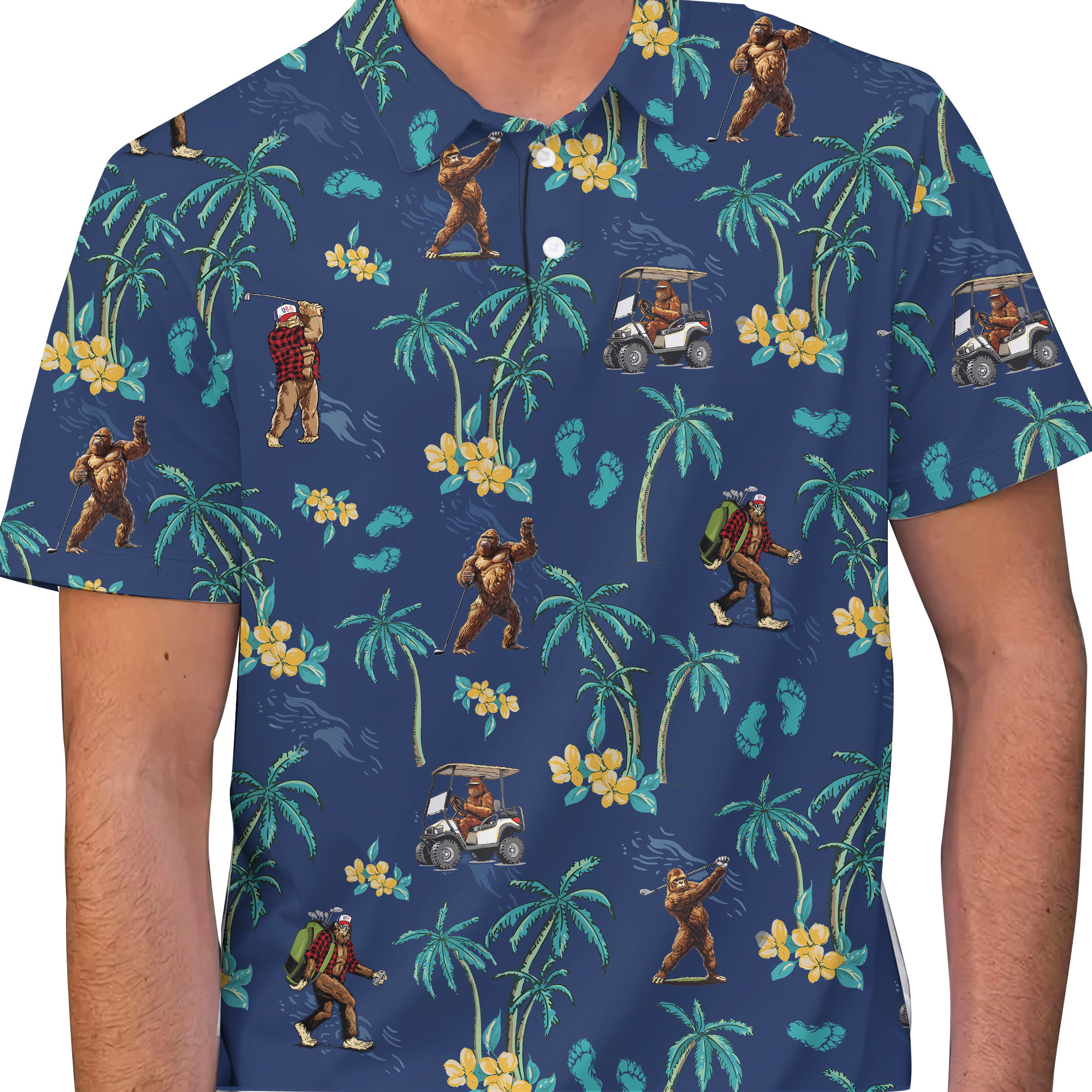 Funny Bigfoot Hawaiian Golf Polo Shirt, Smoking Sasquatch Tropical Aloha Shirt for Men