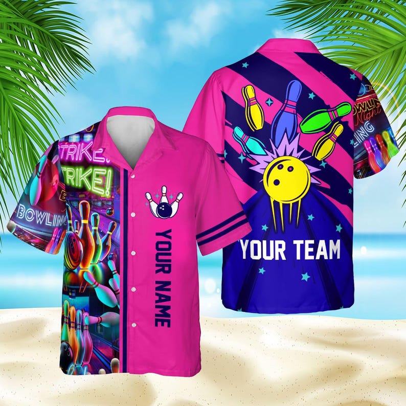 Personalized Neon Bowling Hawaiian Shirt for Men Women Kid Youth