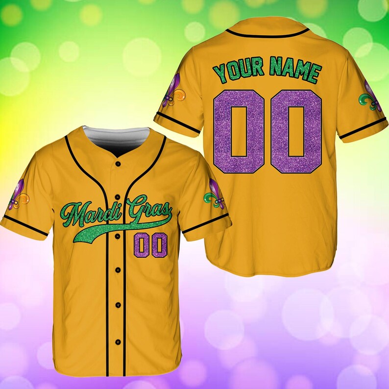Personalized Mardi Gras Glitter Baseball Jersey, Custom Name Number
