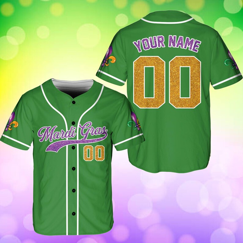 Personalized Mardi Gras Glitter Baseball Jersey, Custom Name Number