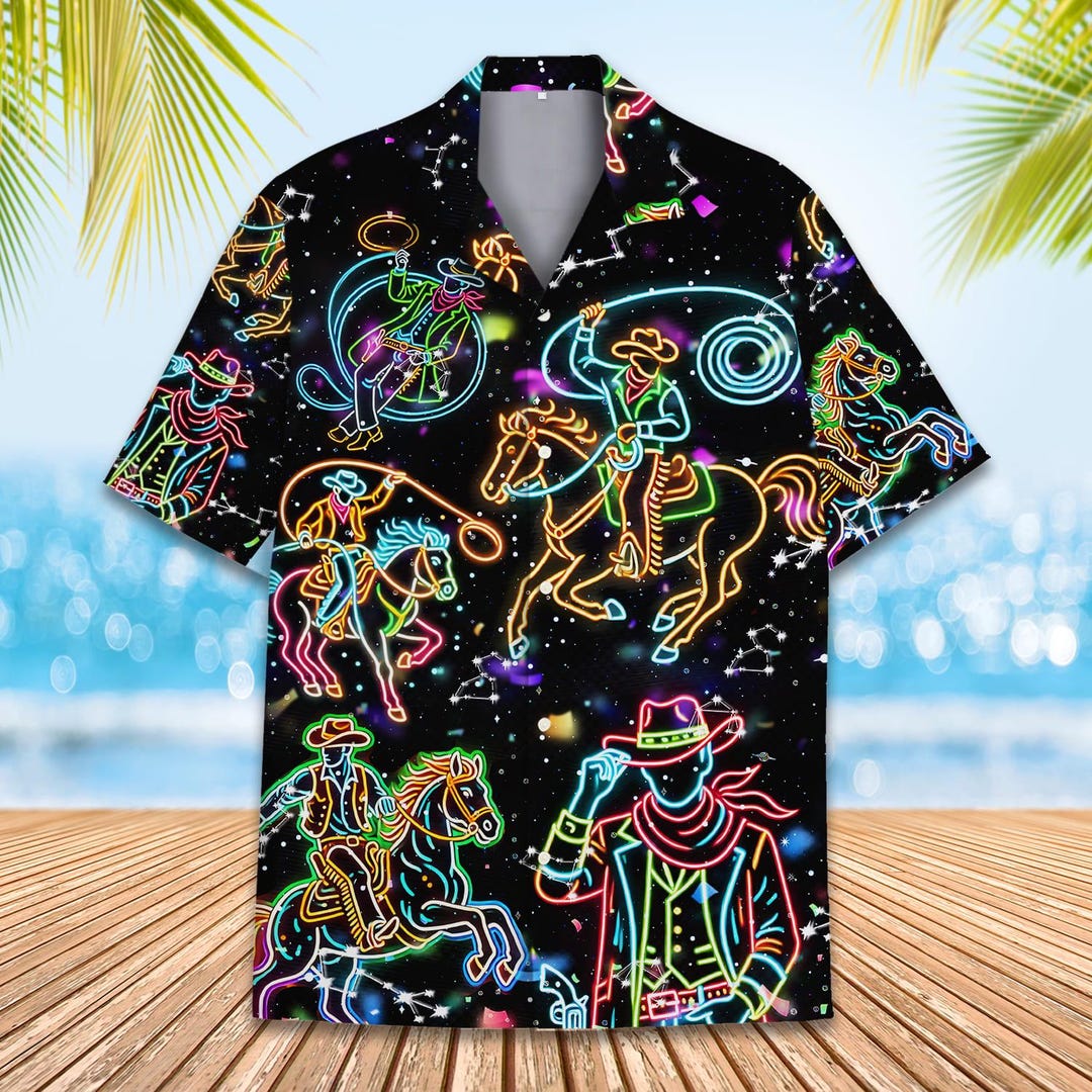 Neon Rodeo Shirt Design Neon Cowboy Rodeo Hawaiian Shirt for Men Women, Western Themed ...