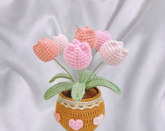 Pot de fleurs au crochet, tulipe, tournesol, décoration de fleurs au crochet, décoration de fleurs au crochet, pot de marguerites, décoration d'intérieur, cadeaux pour la fête des mères