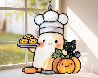 Cute Ghost Baker with Pumpkin & Cat Suncatcher - Halloween Gift - Halloween Ghost Baking - Spooky Treats Acrylic Art Decor