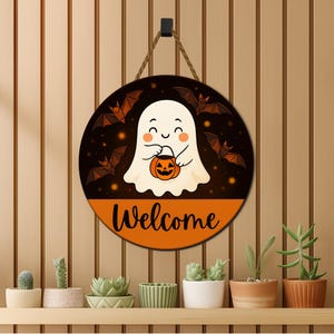 Cute Ghost Welcome Sign | Round Halloween Door Hanger | Trick or Treat Porch Decor | Fall Wall Sign | Kid-Friendly Spooky Decoration