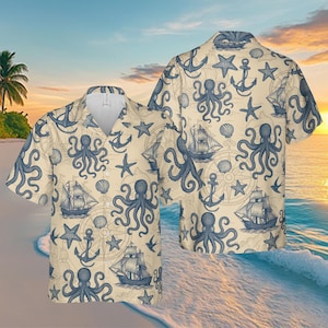 Funny Octopus Hawaiian Shirts, Vintage Sea Creature Casual Button Down, Nautical Hawaiian Shirt, Ocean Theme Button-Up