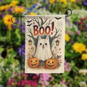 Halloween Dog Garden Flag – Ghost Dog with Pumpkins, BOO Banner, Cute Fall Yard Decor, Trick or Treat Pet Sign, Outdoor Halloween Sign
