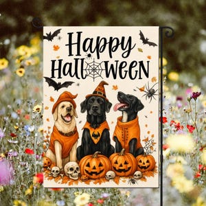 Happy Halloween Dog Garden Flag | Fall Yard Decor with Pumpkins and Cute Puppies | Autumn Porch Decor