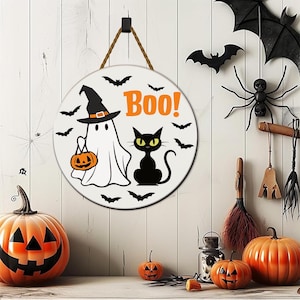 Cute Ghost Welcome Sign | Round Halloween Door Hanger | Funny Boo Porch Decor | Fall Wall Sign | Kid-Friendly Spooky Decoration