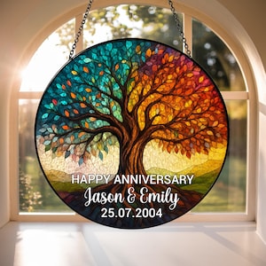 Personalized Wedding Anniversary Stained Glass Suncatcher, Custom Love Anniversary Gift, Tree Glass Art, Gift For Lover