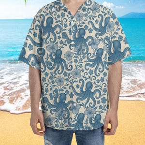Vintage Nautical Hawaiian Shirt, Funny Octopus Ocean Theme Shirt, Unisex Beach Aloha Shirt, Summer Vacation Shirt, Men Women Beach Shirt