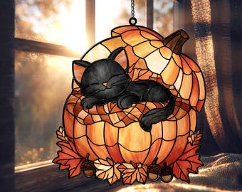 Black Cat Sleeping in Pumpkin Suncatcher – Fall Halloween Window Decor - Halloween Cat Window Hanger
