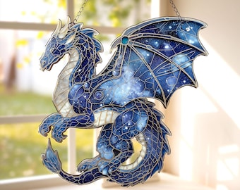 Galaxy Dragon Acrylic Suncatcher – Blue Fantasy Window Hanging Decor - Blue Dragon Window Hanging