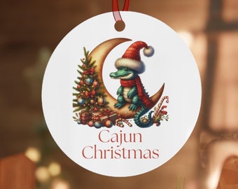 Cajun Christmas Alligator Xmas Ornament Double-Sided Metal 3 1/2" Ornament with Santa Hat Gator Louisiana Holiday Decor Xmas Ornament Bayou
