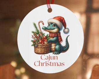 Cajun Christmas Alligator Christmas Ornament Double-Sided Metal Ornament with Santa Hat Gator Louisiana Holiday Decor Xmas Ornament 3 1/2"