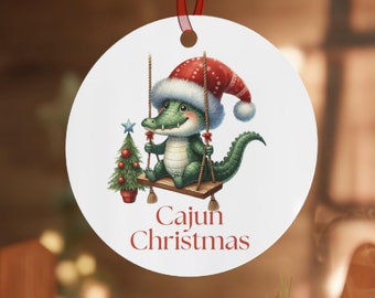 Cajun Christmas Alligator Xmas Ornament Double-Sided Metal 3 1/2" Ornament with Santa Hat Gator Louisiana Holiday Decor Xmas Ornament Bayou