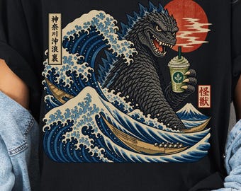 Japanese Kaiju Matcha T-Shirt, Great Wave Shirt, Ukiyo-e Monster Tee, Matcha Latte Gift, Japan Travel Shirt, Japanese Woodblock Apparel