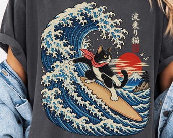 Surfing Cat T-Shirt, Japanese Great Wave Shirt, Ukiyo-e Cat Tee, Black White Tuxedo Cat Gift, Japan Surf Shirt, Vintage Japanese Art