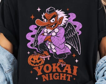 Tengu Halloween T-shirt Japanese Yokai Spirit Tee Japan Folklore Shirt for Yokai Lover Gift Japanese Mythology Halloween Graphic Travel Tee