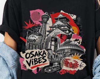 Osaka Japan T-shirt for Japan Traveler Tee Osaka Travel Gift Japan Vacation Shirt Japanese City Collage Art Travel Apparel