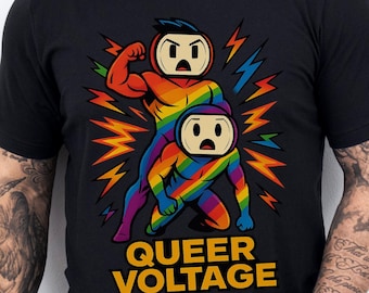Queer Voltage Pride Superhero T-Shirt Rainbow LGBTQ+ Power Comic Style Graphic Tee for Gay Pride Funny Gay Pride Tshirt