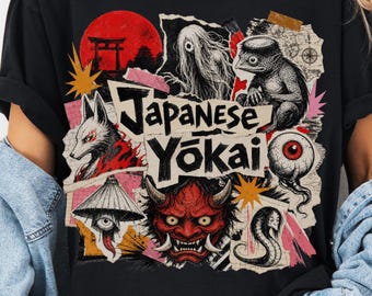 Japanese Yokai T-shirt Japan Folklore Tee for Yokai Lover Gift Japanese Mythology Shirt Japan Travel Horror Art Collage Spirit Tee