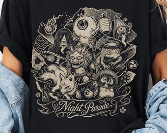 Japanese Yokai Shirt Night Parade Tee Hyakki Yagyo Japan Folklore Shirt Yokai Spirit Lover Gift Japanese Mythology Graphic Tee