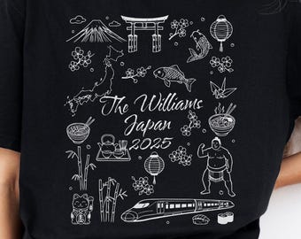 Personalized Japan 2025 T-Shirt Custom Text Travel Souvenir Tee with Japanese Doodle Icons Japan Travel Tee for Family Travel